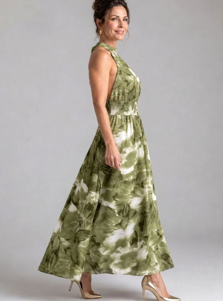 Women's Halter Neck Abstract Print Smocked Waist Midi Dress