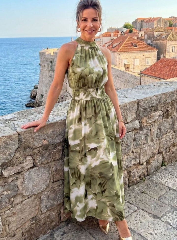 Women's Halter Neck Abstract Print Smocked Waist Midi Dress