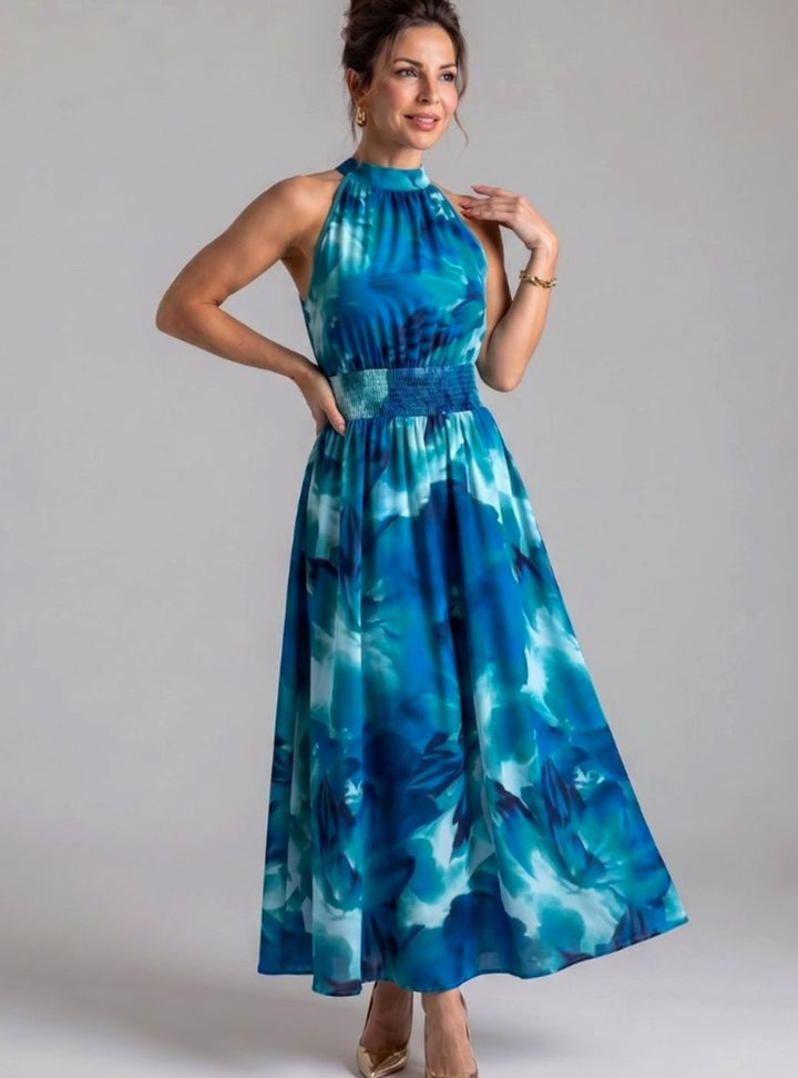 Women's Halter Neck Abstract Print Smocked Waist Midi Dress