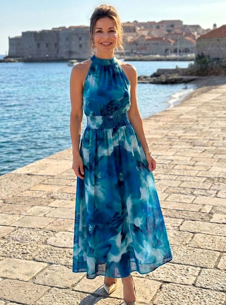 Women's Halter Neck Abstract Print Smocked Waist Midi Dress