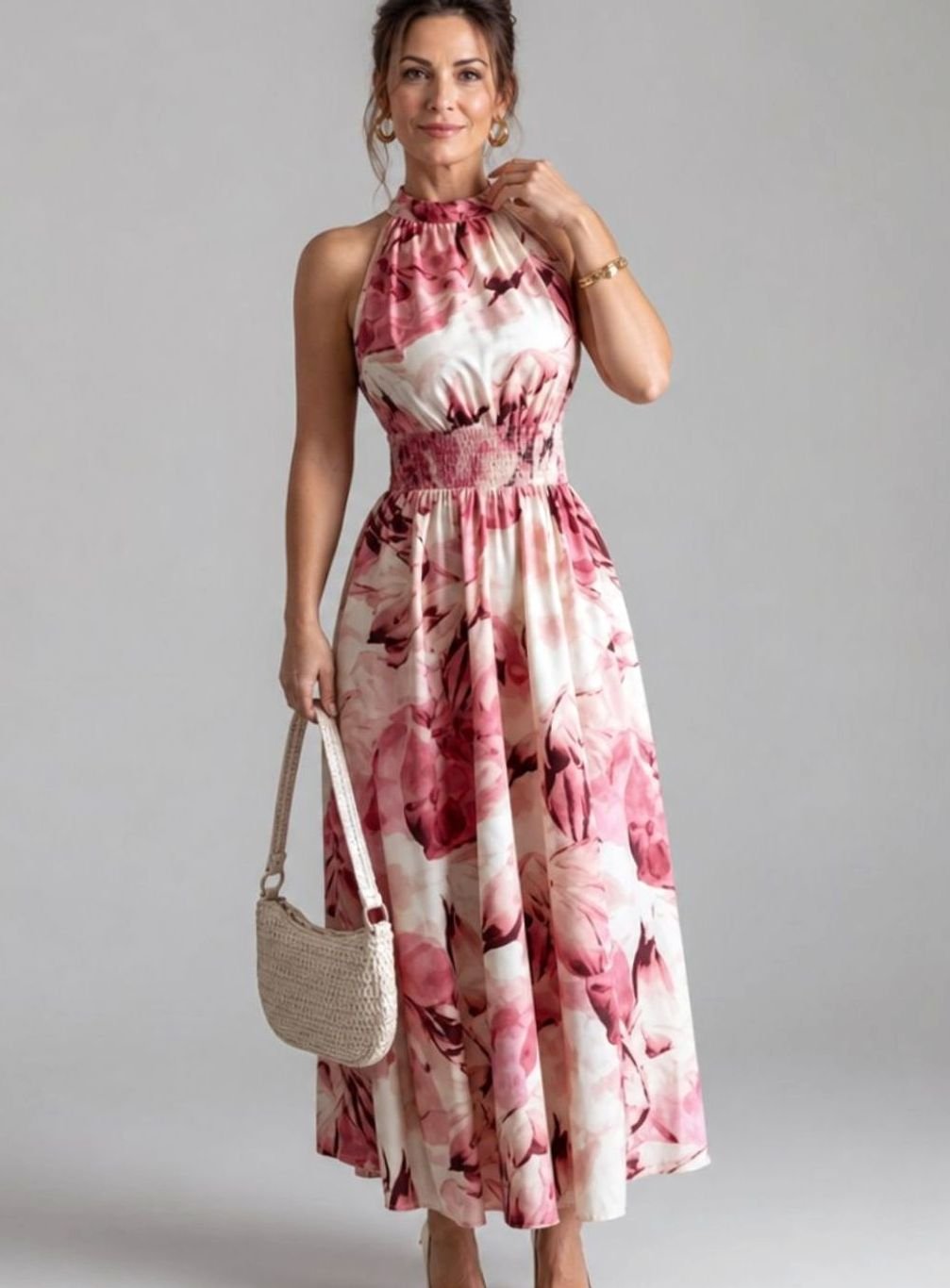Women's Halter Neck Abstract Print Smocked Waist Midi Dress