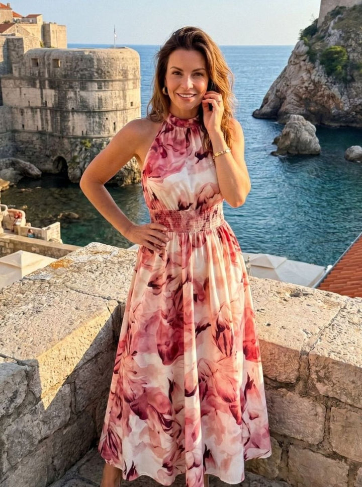 Women's Halter Neck Abstract Print Smocked Waist Midi Dress