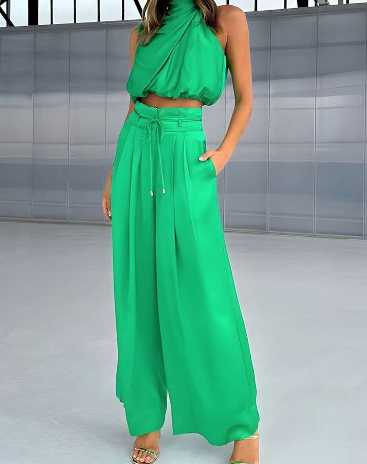 Women's Halter Neck Crop Top Wide-Leg Trousers Two-Piece Set