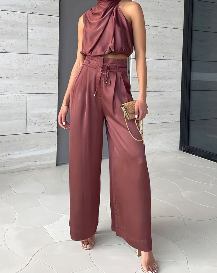 Women's Halter Neck Crop Top Wide-Leg Trousers Two-Piece Set