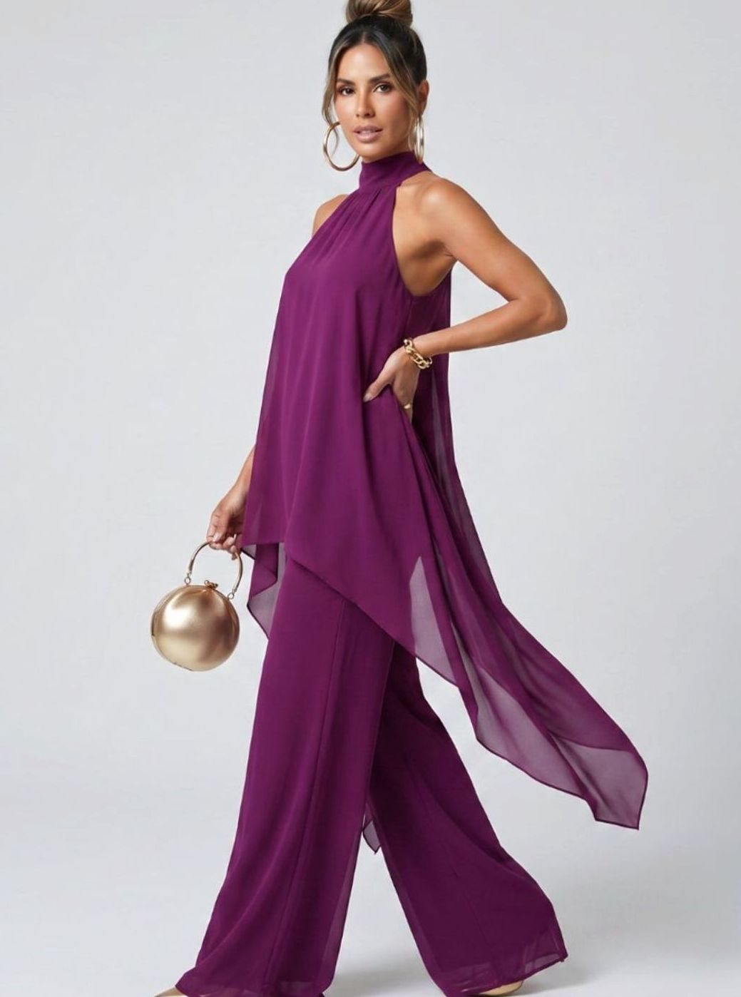 Women's Halter Neck Flowy Wide-Leg Trouser Co-ord Set, Purple