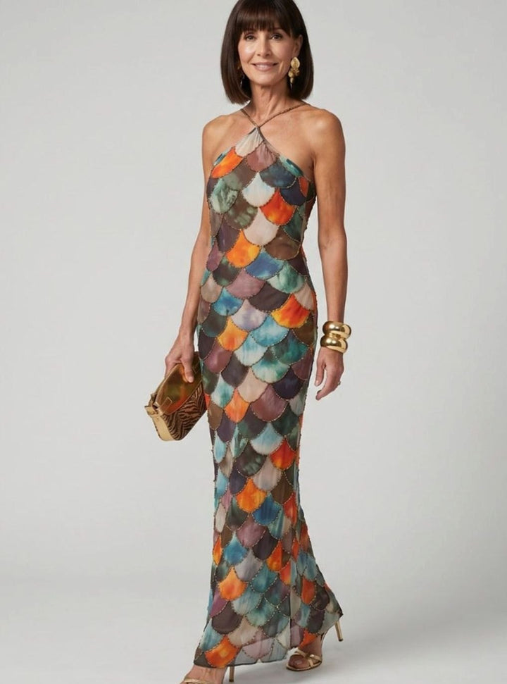 Women's Halter-Neck Scale Print Fitted Maxi Party Dress