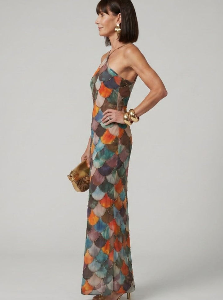 Women's Halter-Neck Scale Print Fitted Maxi Party Dress