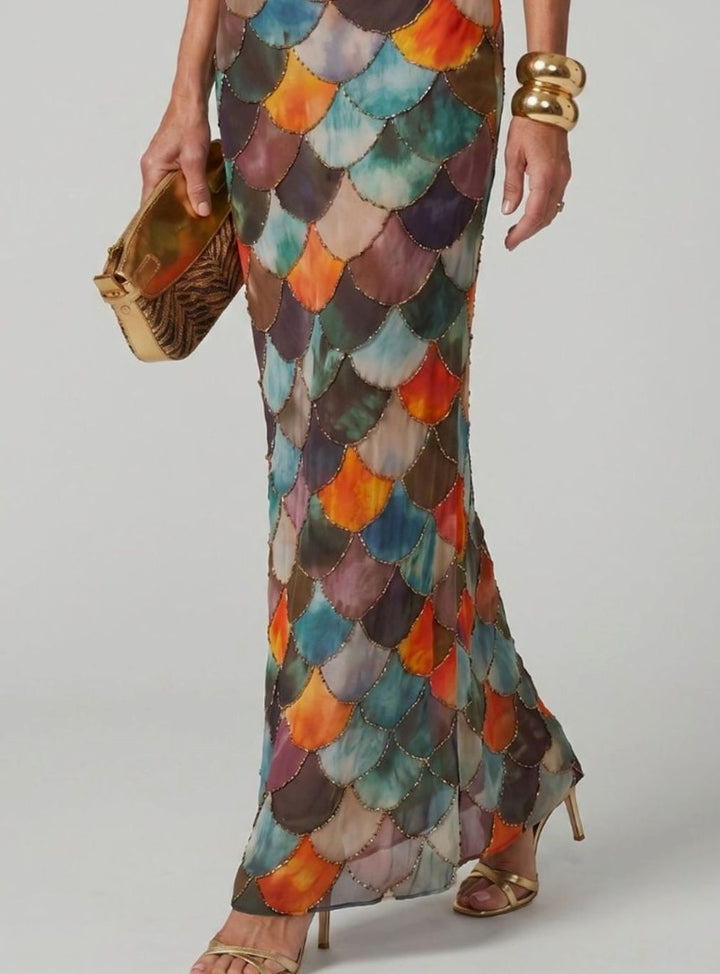 Women's Halter-Neck Scale Print Fitted Maxi Party Dress