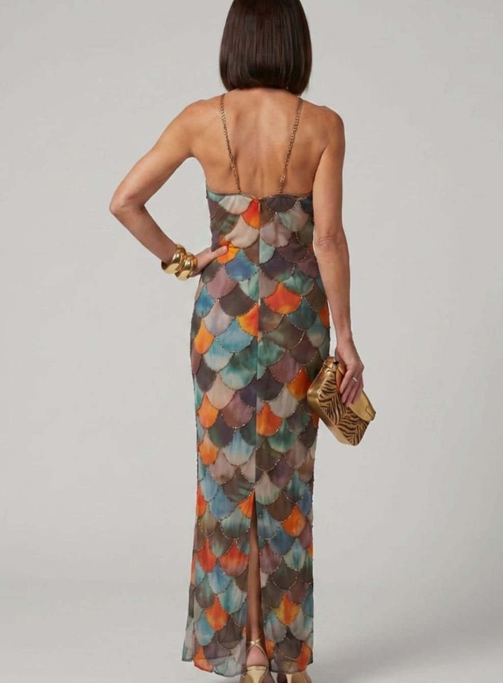 Women's Halter-Neck Scale Print Fitted Maxi Party Dress