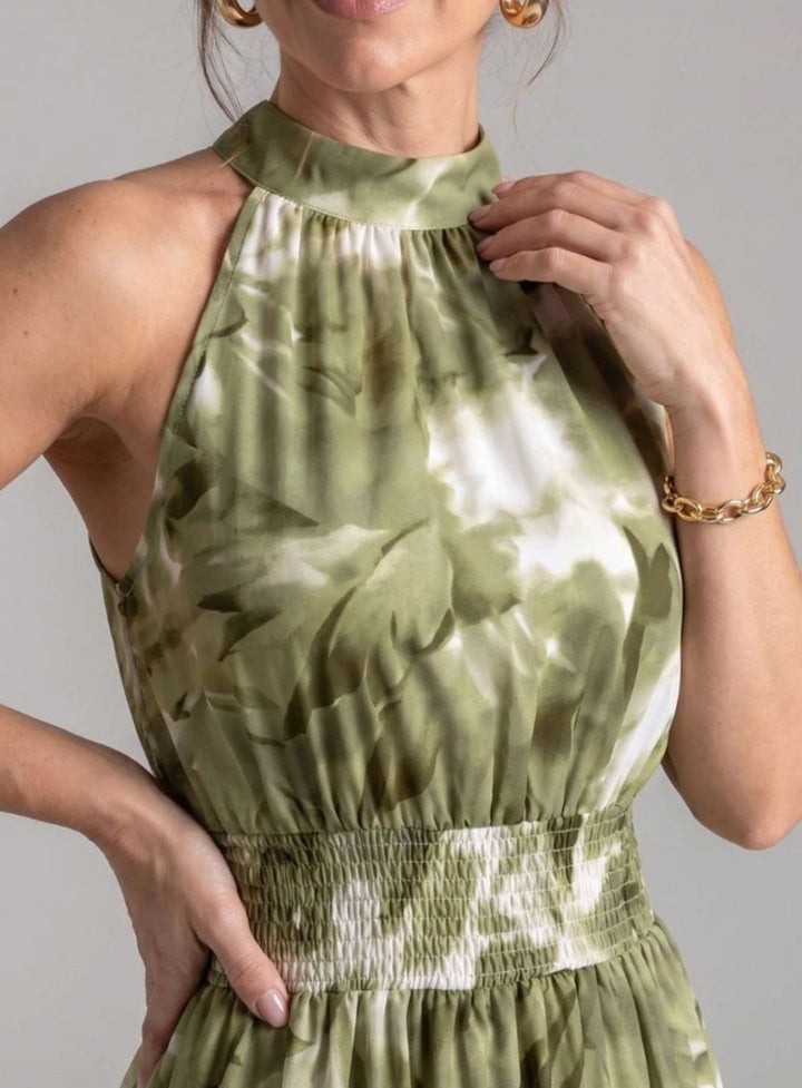 Women's Halter Neck Smocked-Waist Abstract Print Midi Dress