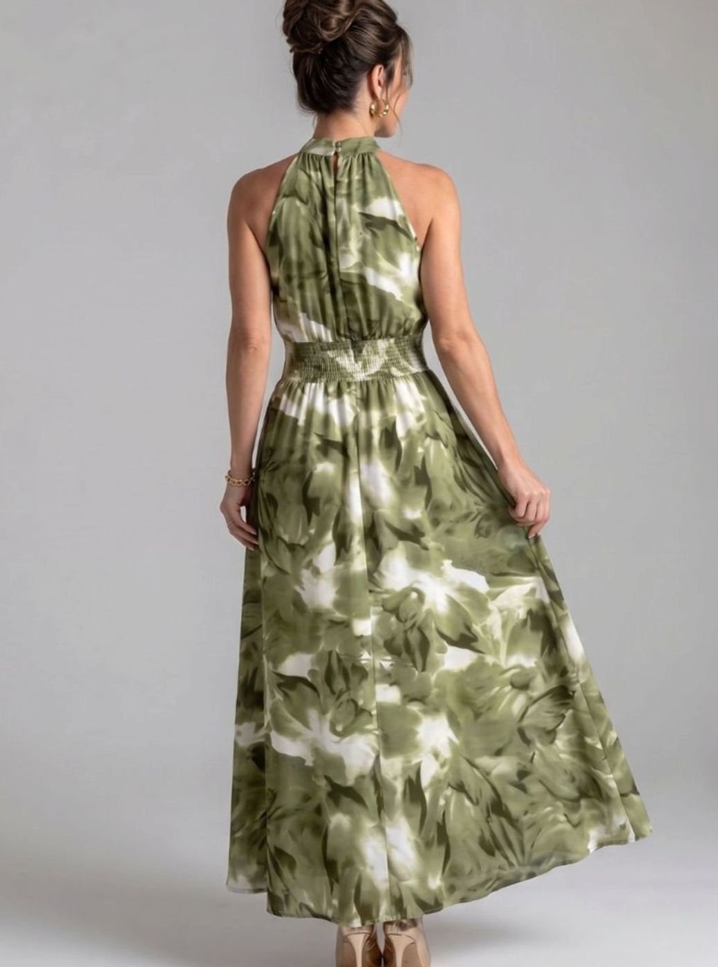 Women's Halter Neck Smocked-Waist Abstract Print Midi Dress