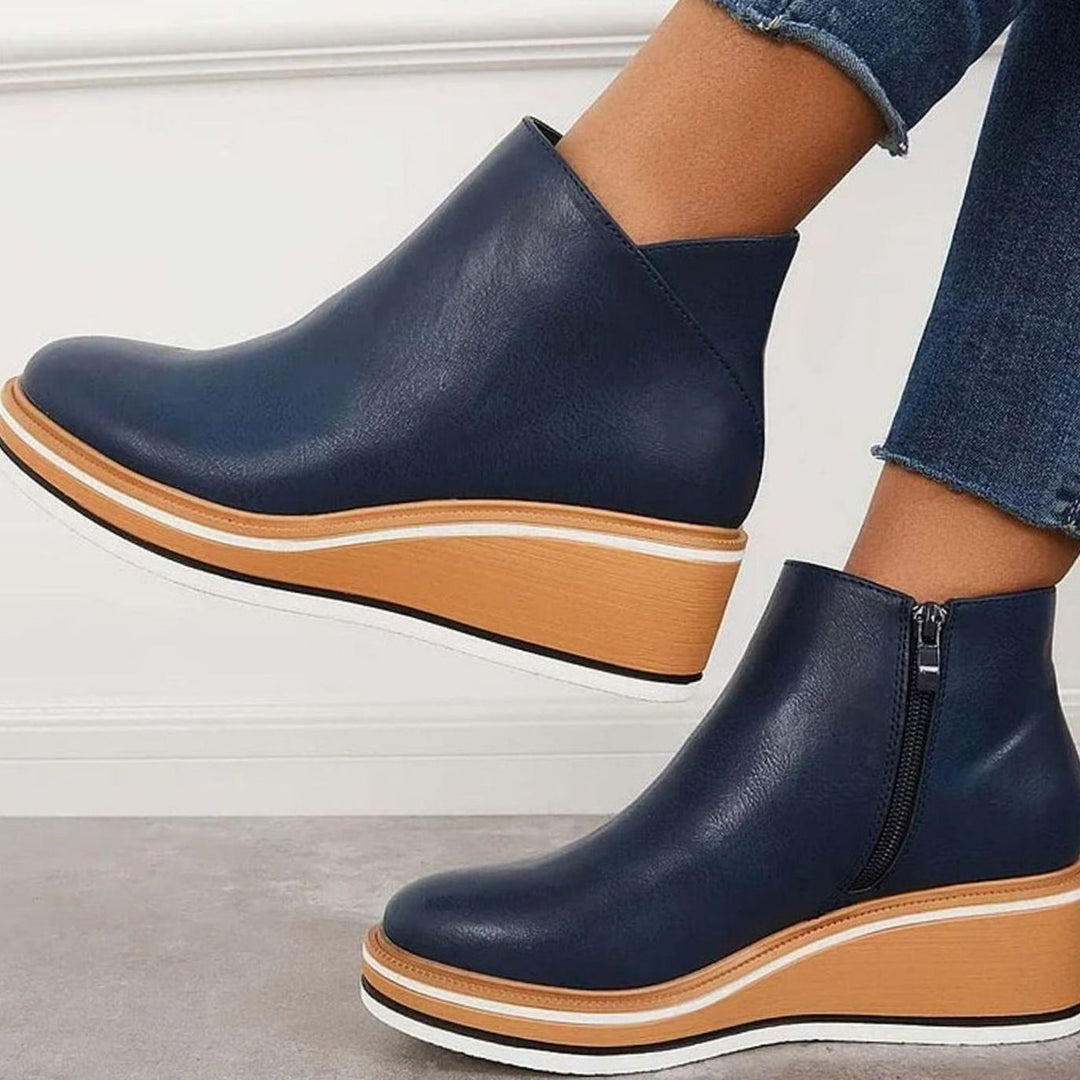 Women's Heeled Chelsea Ankle Boots Faux Leather Side-Zip Wedge - Blue