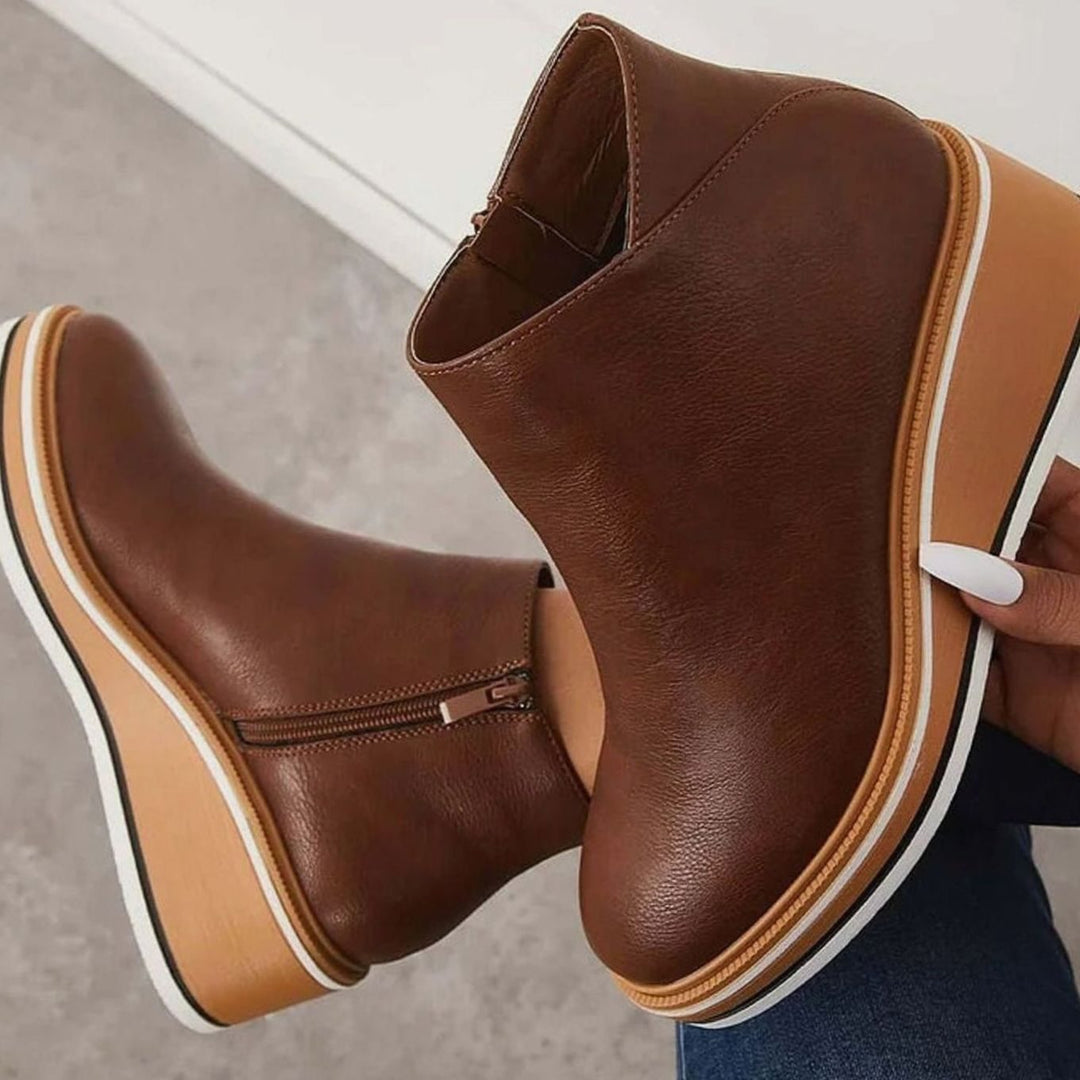 Women's Heeled Chelsea Ankle Boots Faux Leather Side-Zip Wedge - Dark Brown