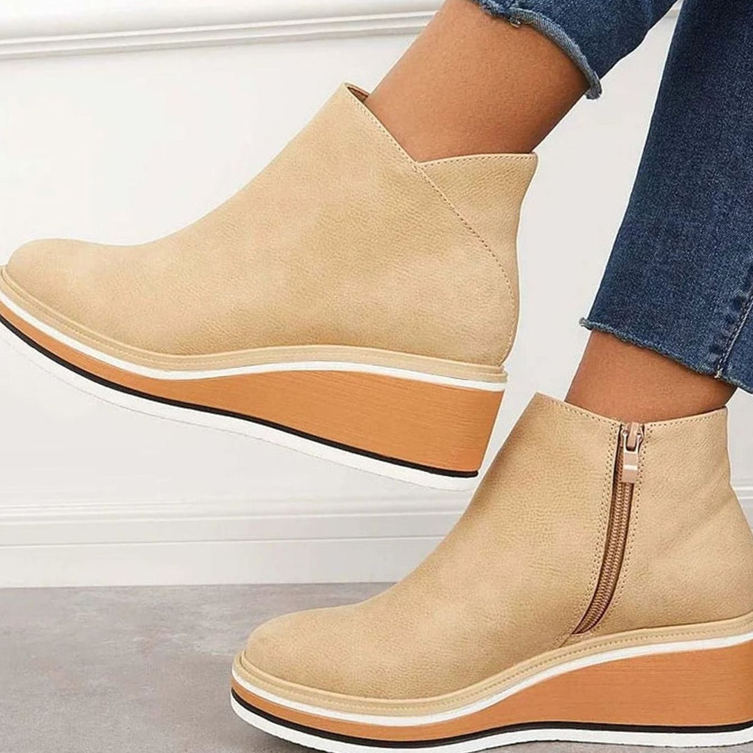 Women's Heeled Chelsea Ankle Boots Faux Leather Side-Zip Wedge - Beige