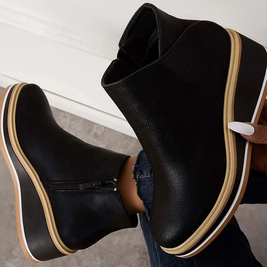 Women's Heeled Chelsea Ankle Boots Faux Leather Side-Zip Wedge - Black