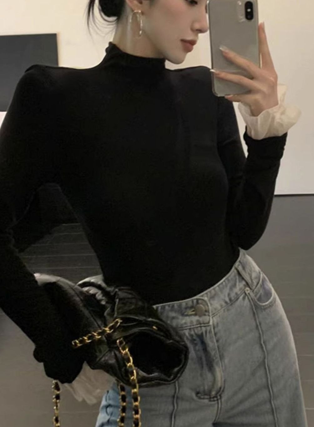 Women's High-Neck Long-Sleeve Knit Top Frill Cuff Detail