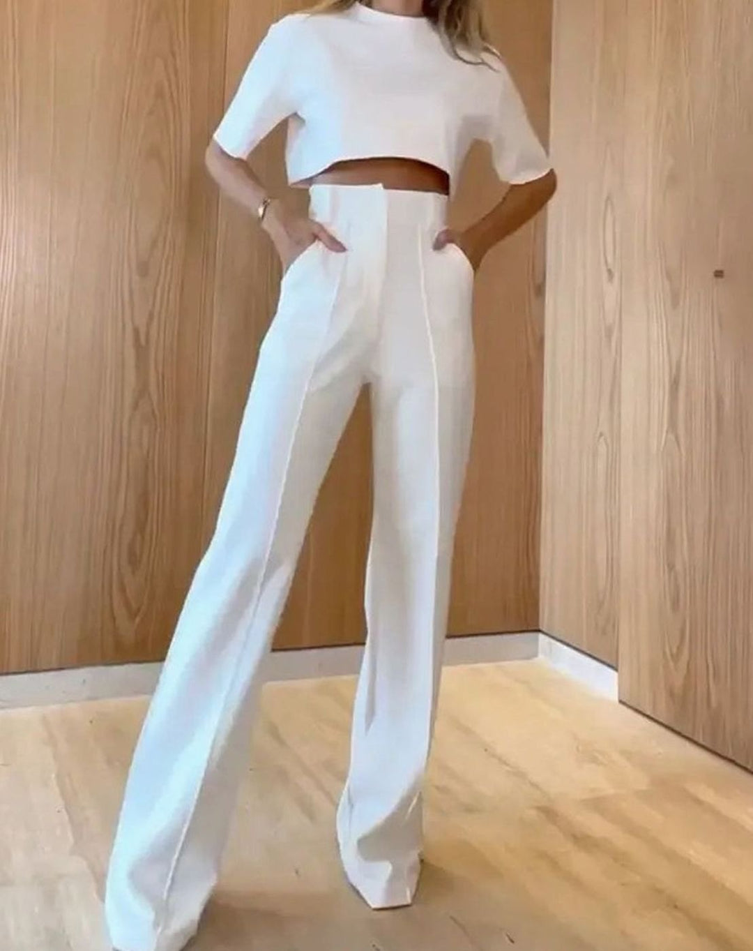 Women's High-Waist Wide-Leg Crop Top Two-Piece Trouser Set