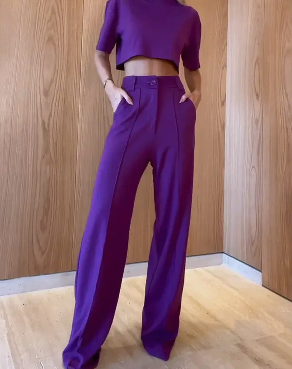 Women's High-Waist Wide-Leg Crop Top Two-Piece Trouser Set