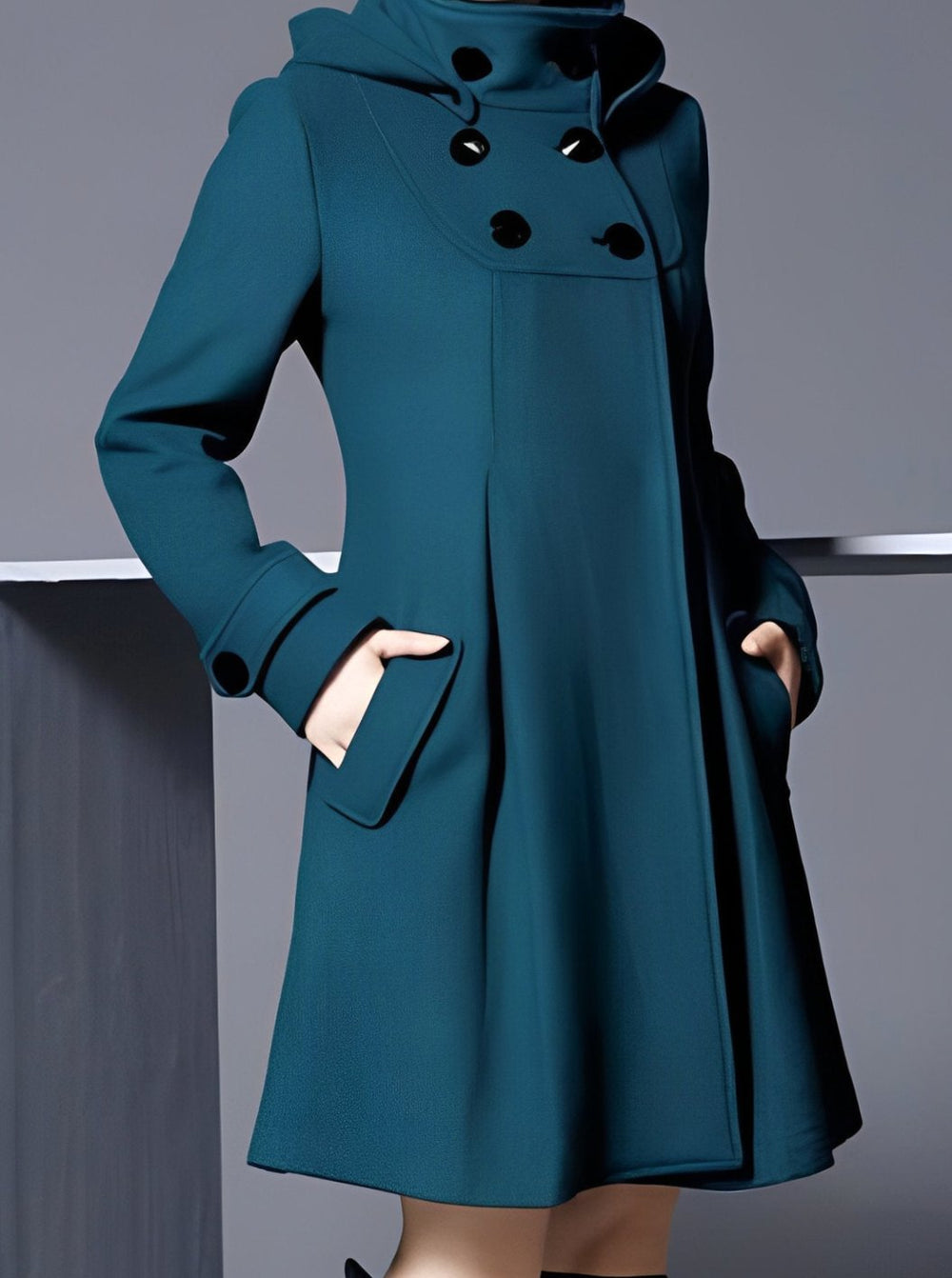 Women's Hooded Double-Breasted A-Line Winter Coat - Blue