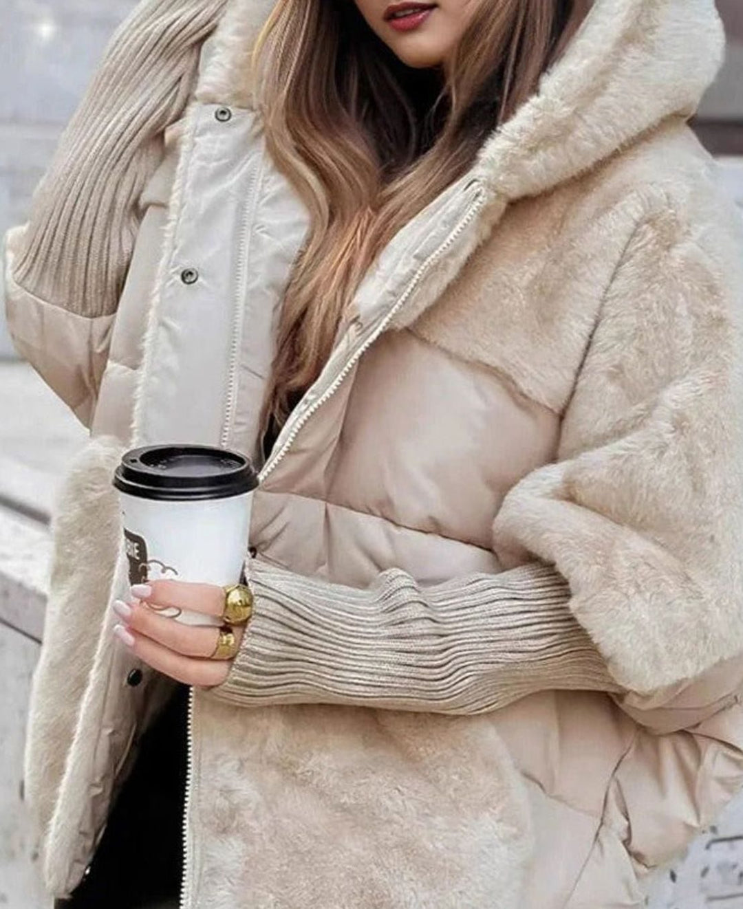 Women's Hooded Faux-Fur Trim Quilted Puffer Winter Coat - Beige