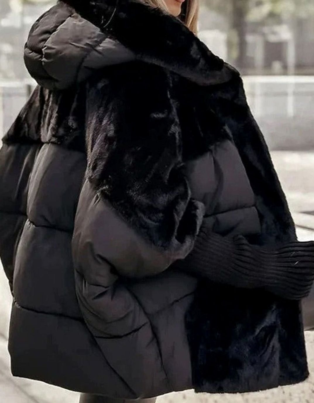 Women's Hooded Faux-Fur Trim Quilted Puffer Winter Coat - Black