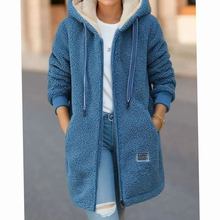 Women's Hooded Fleece Zip-Up Longline Winter Coat - Blue