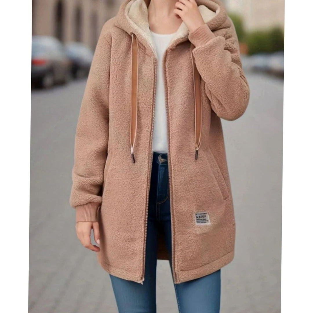 Women's Hooded Fleece Zip-Up Longline Winter Coat - Brown