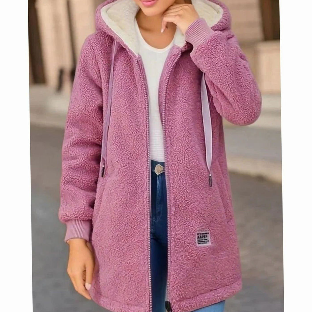 Women's Hooded Fleece Zip-Up Longline Winter Coat - Pink