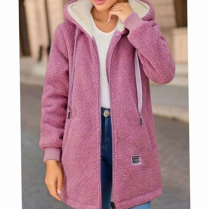Women's Hooded Fleece Zip-Up Longline Winter Coat - Pink