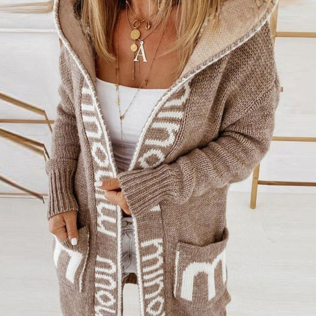 Women's Hooded Knit Cardigan Open Front Letter Print - Brown