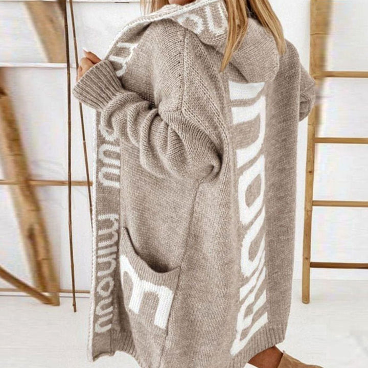 Women's Hooded Knit Cardigan Open Front Letter Print - Beige