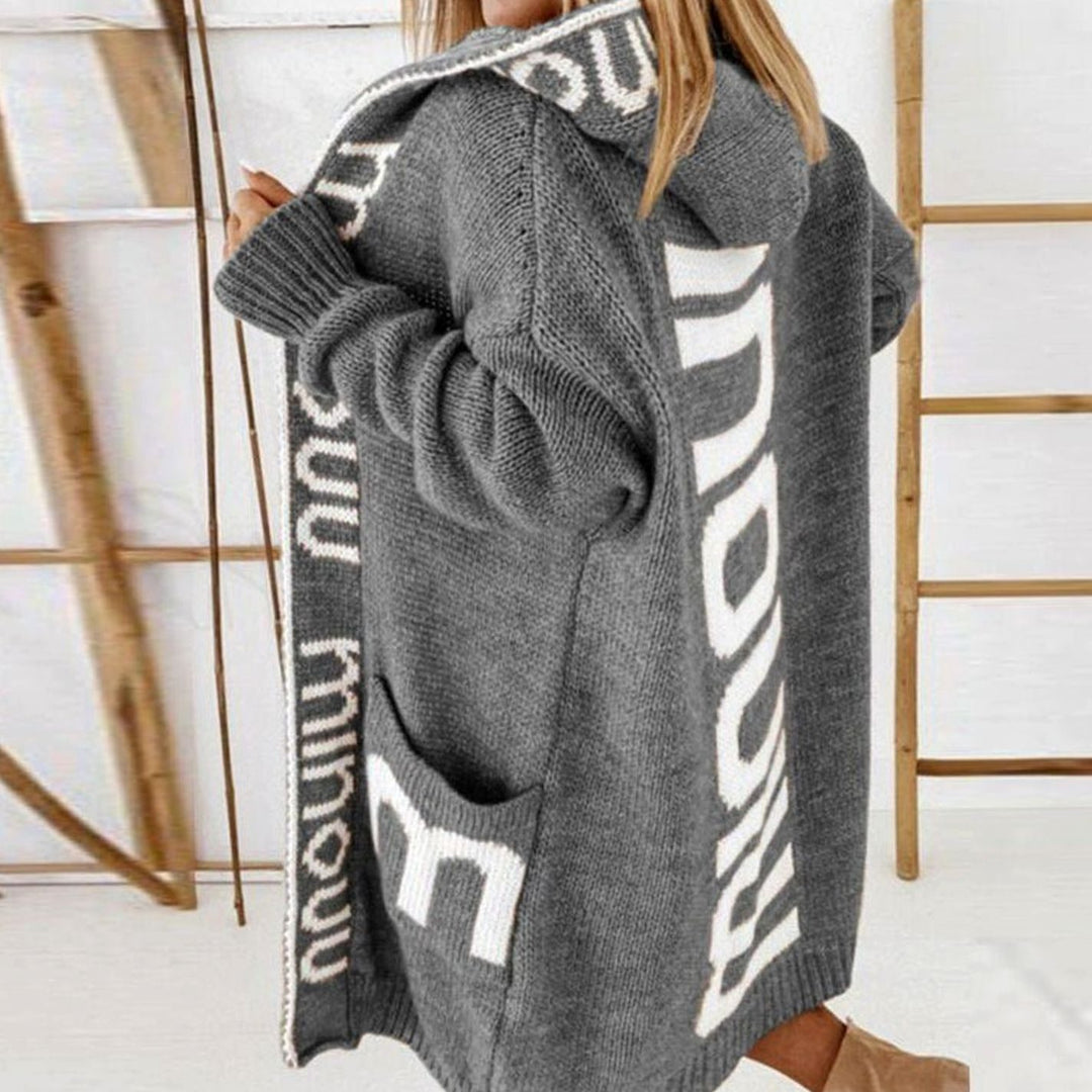 Women's Hooded Knit Cardigan Open Front Letter Print - Grey