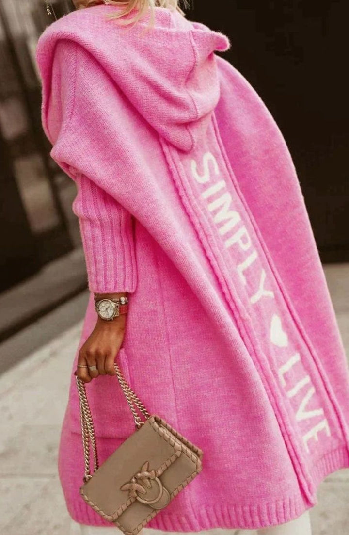 Women's Hooded Longline Knit Cardigan Loose Fit Open Front - Pink