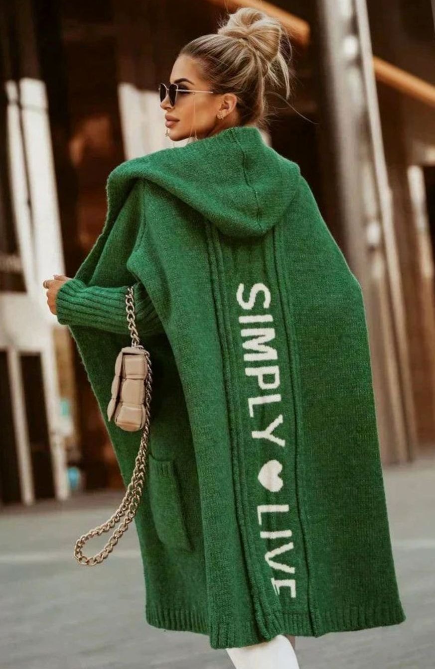 Women's Hooded Longline Knit Cardigan Loose Fit Open Front - Green