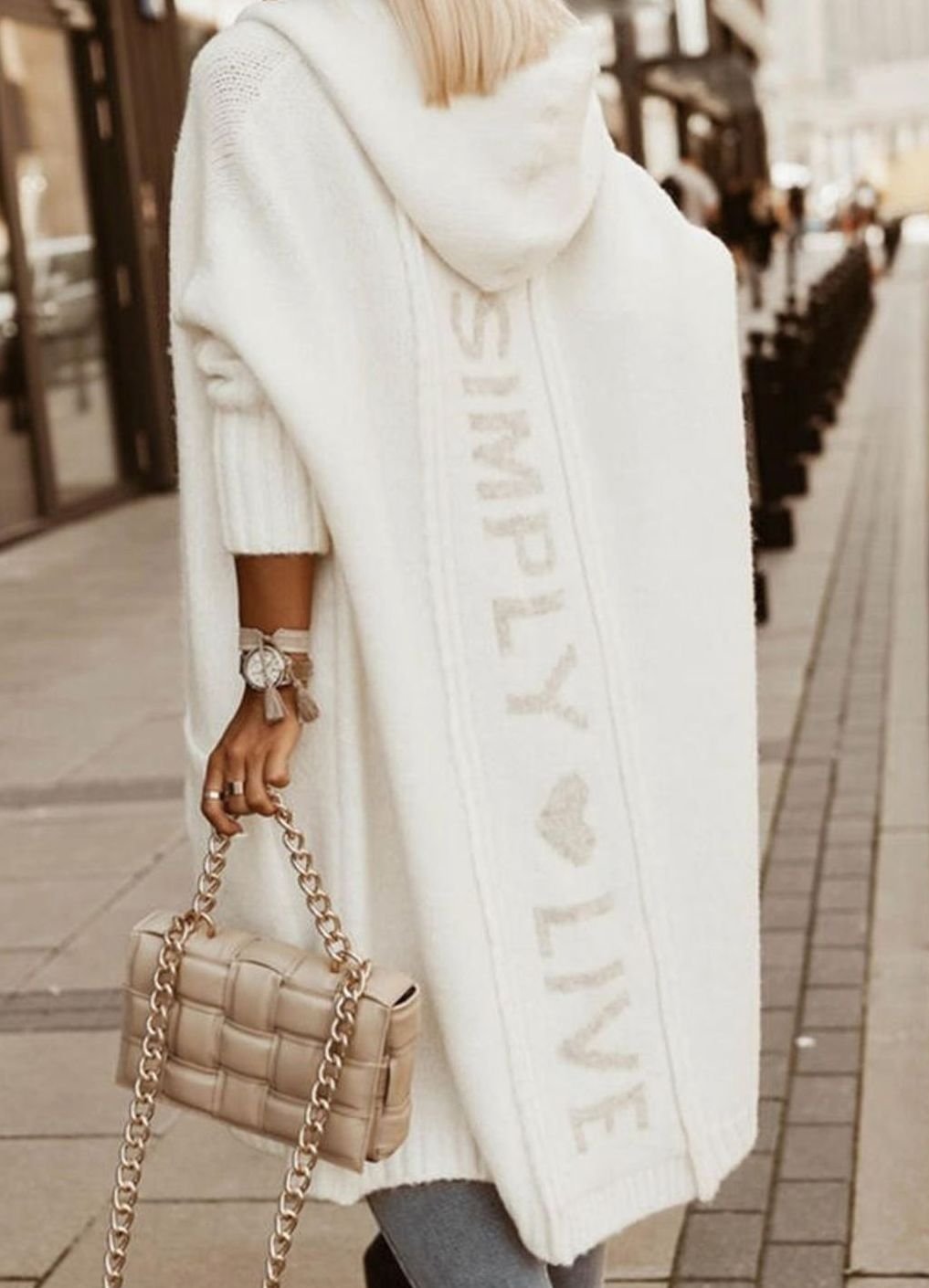 Women's Hooded Longline Knit Cardigan Loose Fit Open Front - White