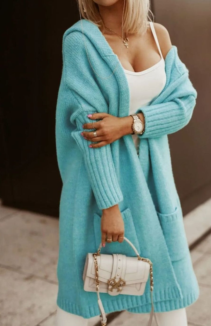 Women's Hooded Longline Knit Cardigan Loose Fit Open Front - Blue