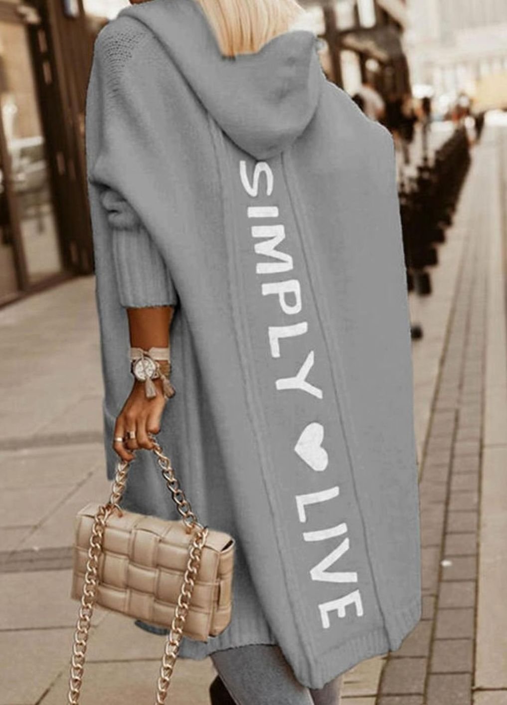 Women's Hooded Longline Knit Cardigan Loose Fit Open Front - Grey