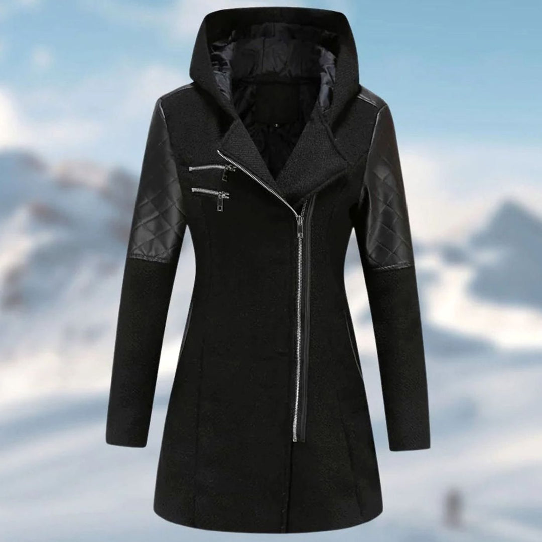 Women's Hooded Wool-Blend Quilted Sleeve Asymmetric Zip Winter Coat - Black