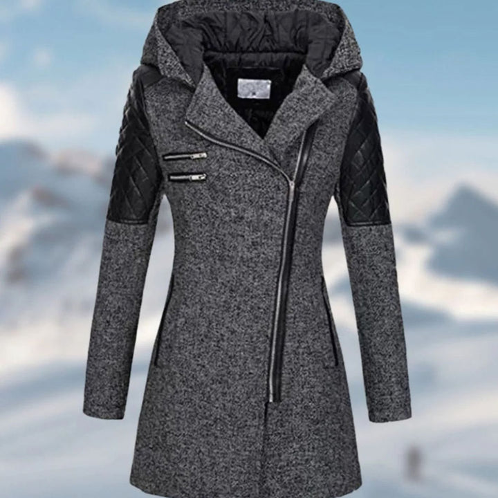 Women's Hooded Wool-Blend Quilted Sleeve Asymmetric Zip Winter Coat - Dark Grey