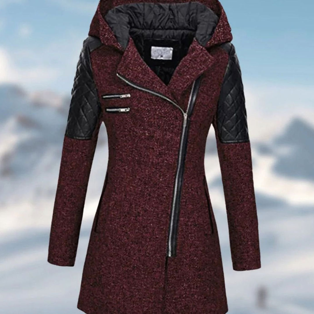 Women's Hooded Wool-Blend Quilted Sleeve Asymmetric Zip Winter Coat - Red