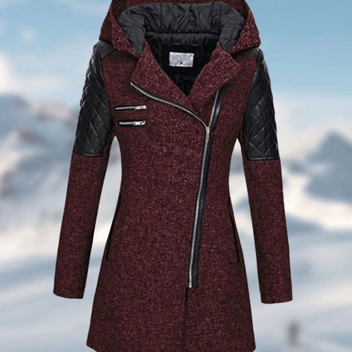 Women's Hooded Wool-Blend Quilted Sleeve Asymmetric Zip Winter Coat - Red