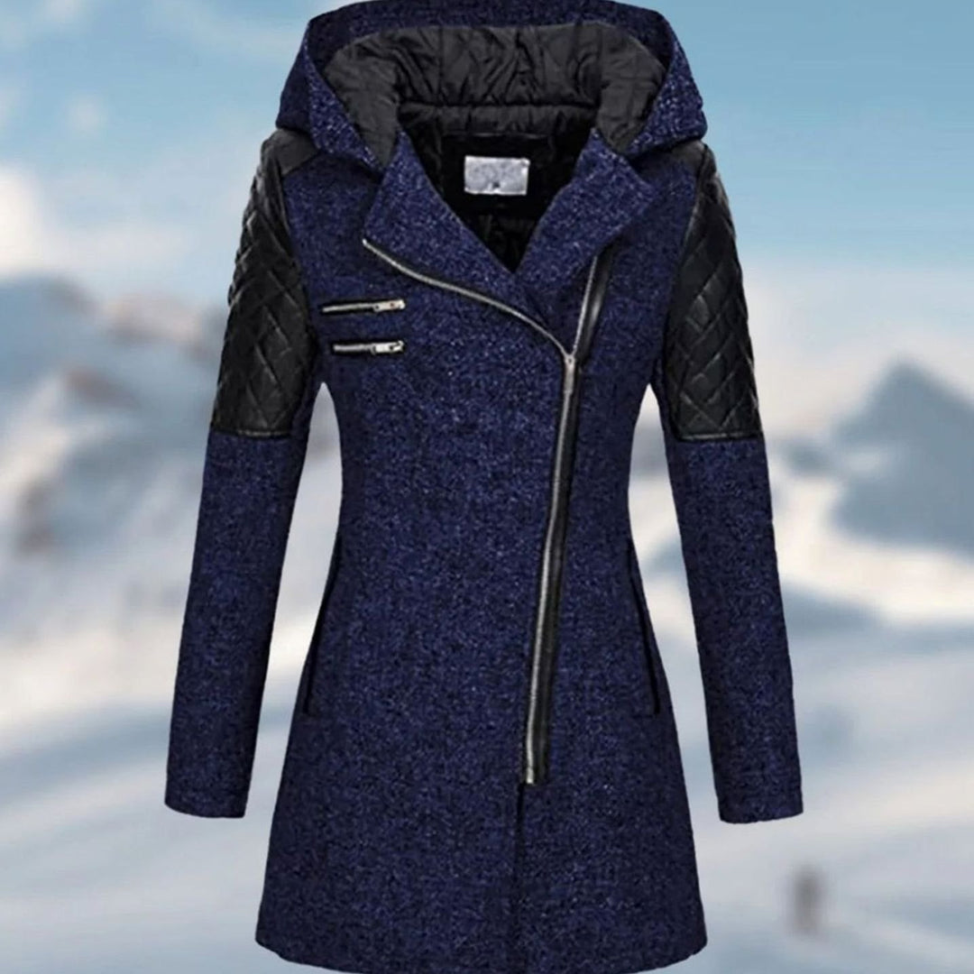 Women's Hooded Wool-Blend Quilted Sleeve Asymmetric Zip Winter Coat - Blue