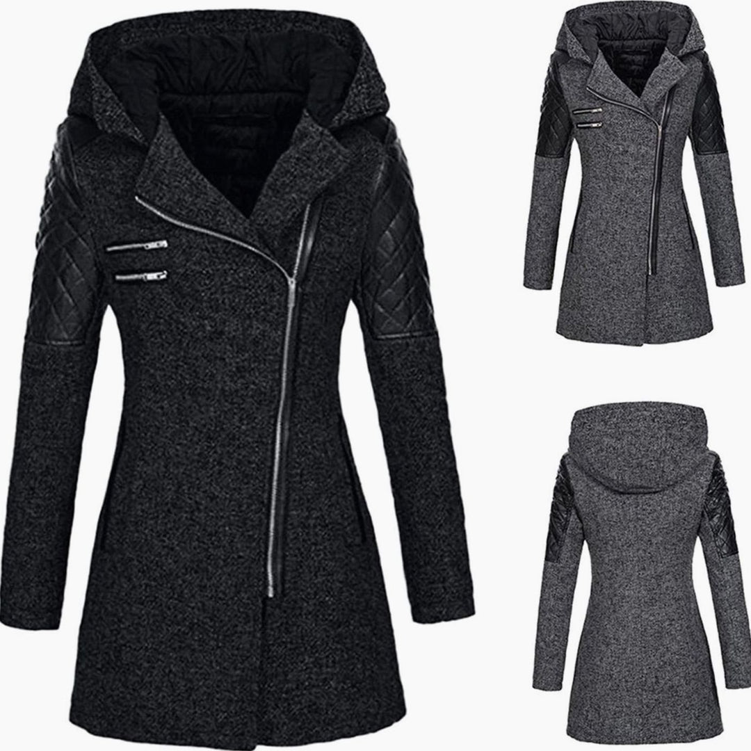 Women's Hooded Wool-Blend Quilted Sleeve Asymmetric Zip Winter Coat