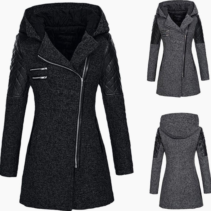 Women's Hooded Wool-Blend Quilted Sleeve Asymmetric Zip Winter Coat