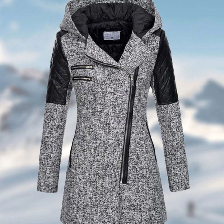 Women's Hooded Wool-Blend Quilted Sleeve Asymmetric Zip Winter Coat - Grey