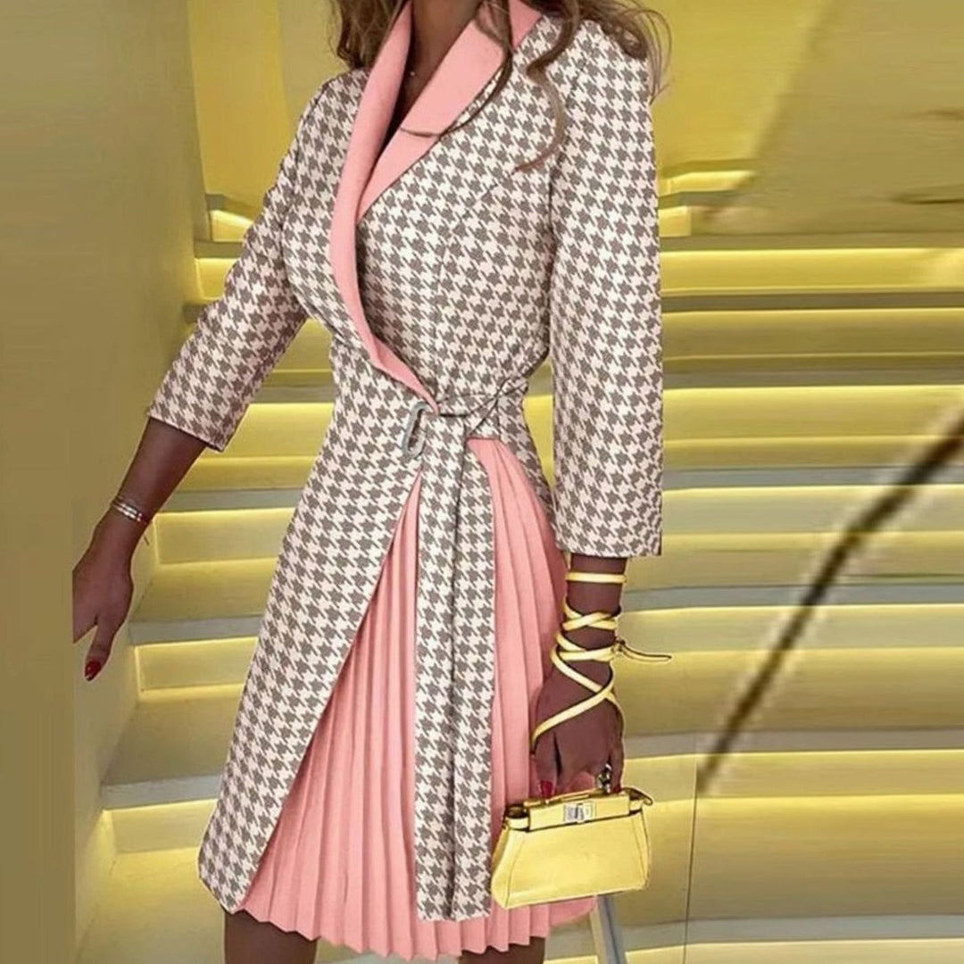 Women's Houndstooth Notch-Collar Belted Pleated Blazer Dress - Houndstooth