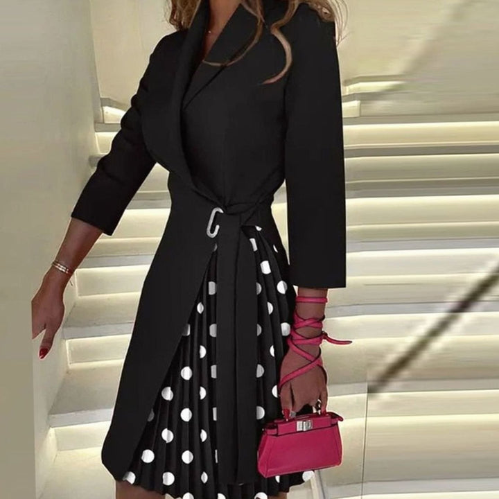 Women's Houndstooth Notch-Collar Belted Pleated Blazer Dress - Black Dots