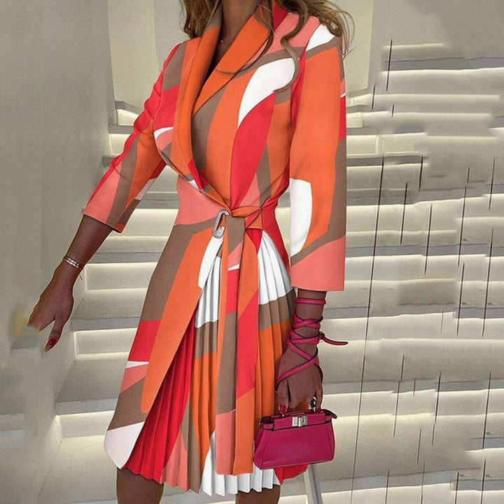 Women's Houndstooth Notch-Collar Belted Pleated Blazer Dress - Orange Print