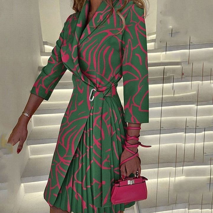 Women's Houndstooth Notch-Collar Belted Pleated Blazer Dress - Green Print