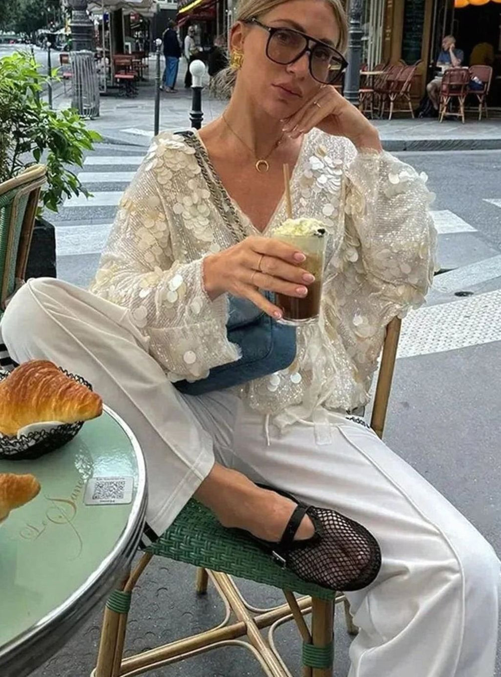 Women's Ivory Disc Paillette Long-Sleeve Wrap Sequin Blouse